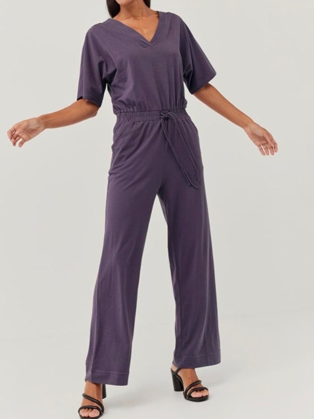 Pact V-Neck Wide-Leg Jumpsuit in Plum